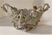 Disc porcelain cherub and swan vase/planter bowl