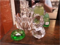 Seven pieces of vintage glass: three shakers in