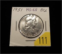 1951 Franklin half dollar, gem BU, MS-65