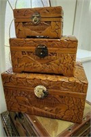 Carved Wood 3 piece jewelry Box Set