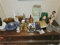 Amber glass dishes, figurines,  blue dishes, VHS