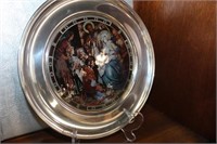 9pc Pewter Plates w/ stained glass scene