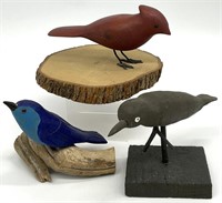 3pc Hand Carved Wood Bird Sculptures
