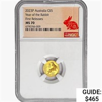 2023P $5 1/20oz. Gold Australia Rabbit NGC MS70