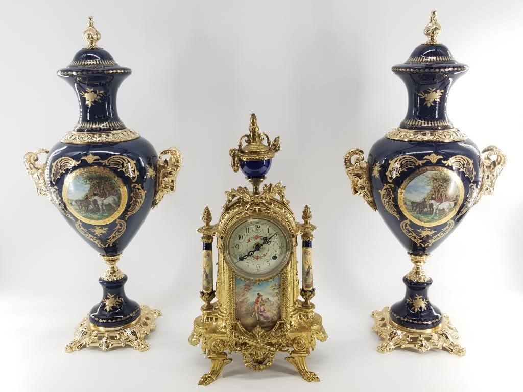 Antique French style mantle clock with flanking ur