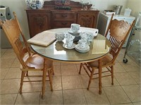 Wooden Round Kitchen Table, 2 Chairs, Glass Top