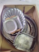 Silver plate serving trays and misc items.
