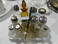 TRAY: 12 SHAKERS AND GLASS INKWELL