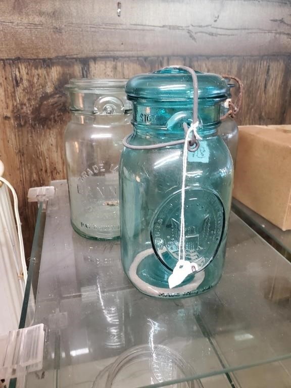 Three Green Canning Jars, Hoiser Jar, MCM