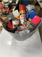PLASTIC GREY BASKET WITH SPRAY PAINT & SUPPLIES