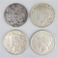 1900-O Morgan, 1922, 1923-D & 1925 Peace Dollars.