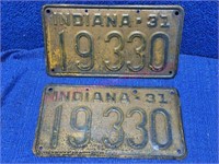 Pair: 1931 Indiana license plates (original cond)