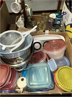 Plastic containers, colanders, glasses, etc.