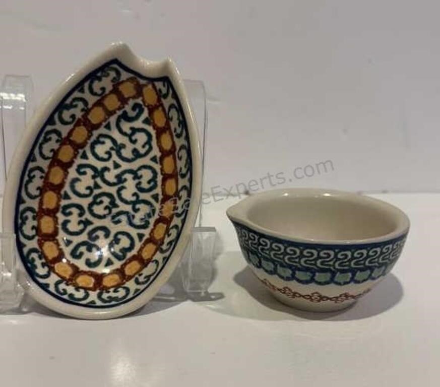 POLISH HANDMADE POTTERY SPOON REST AND SMALL