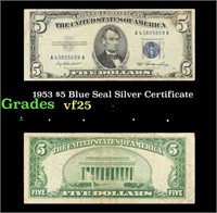 1953 $5 Blue Seal Silver Certificate Grades vf+