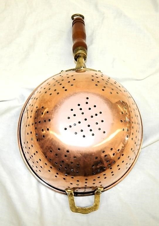 Vtg Copper Colander Strainer Wood & Brass Handle