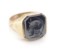 Carved hematite & 9ct yellow gold signet ring
