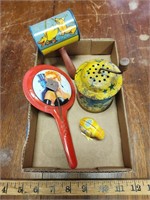 Vintage Noisemakers & Tin Chick Toy- Made In