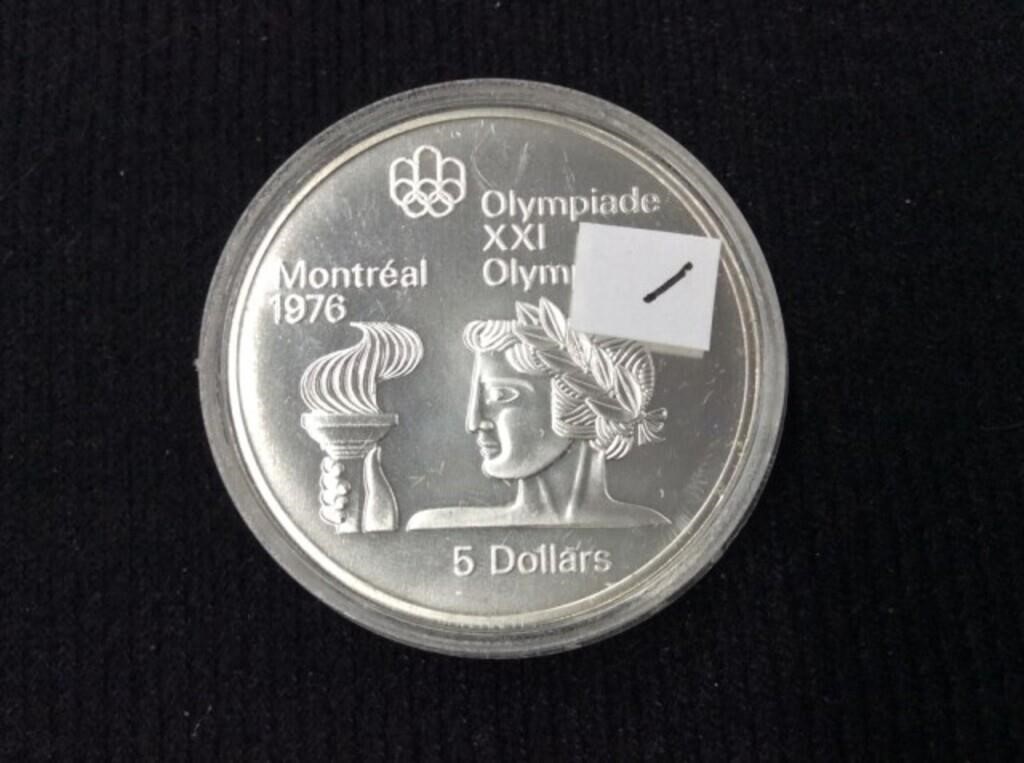 1976 Montreal Olympics $5 Silver, Rings & Wreath