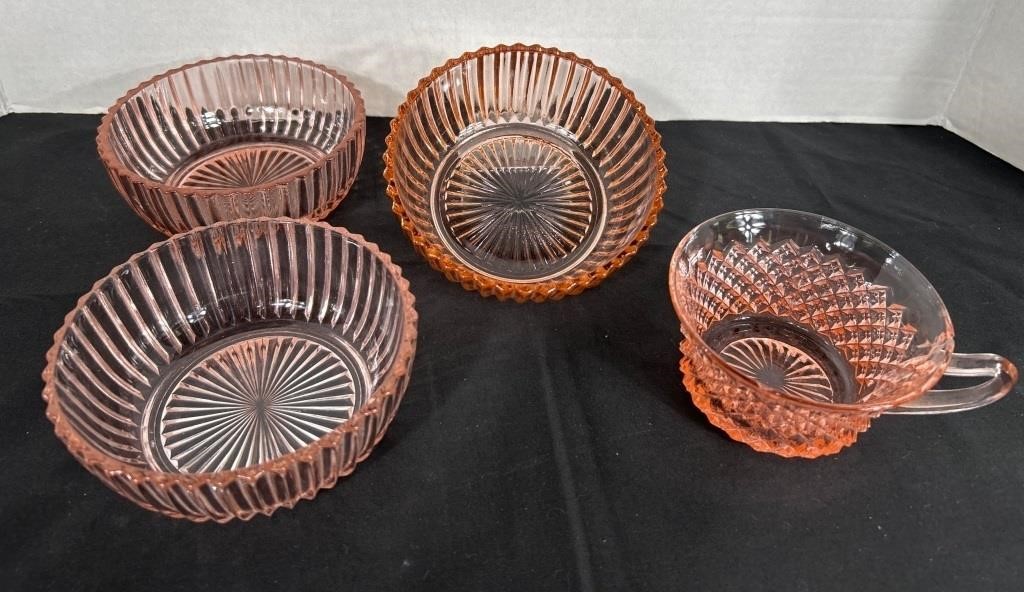 (3) Pink Depression Glass Bowls 4.5 in.