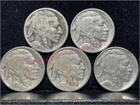 5 Old Buffalo Nickels (1915-D, 28, 36, 37)
