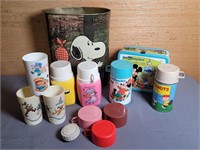 Peanuts waste can, lunchbox and thermos lot