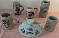 703 - TIFFIN TEAPOT & 5 BEER STEINS