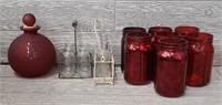 (7) Glass Jars & (8) Red Glass Jars