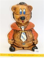 Vintage bear cookie jar with a woodstone finish,