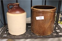 ANTIQUE WHISKEY JUG/TABACOO STAINED CROCK