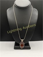 STERLING SILVER RED STONE PENDANT NECKLACE