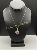 STERLING SILVER RED STONE HEART PENDANT NECKLACE