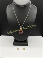 STERLING SILVER RED STONE PENDANT NECKLACE SET