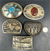 5 Belt Buckles- Brass, German Silver, Rodeo +
