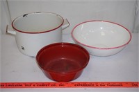 3 Pieces Porcelain Enamel Ware, Red & White