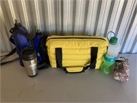 Cooler and water bottles.