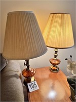 Pair Of Amber Glass & Brass Lamps