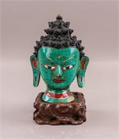 Tibetan Brass Enamel Carved Buddha Head w/ Stand