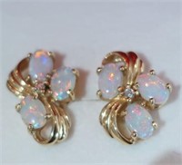 Pair 14ct yellow gold Opal diamond earrings