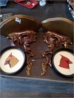 Two wall sconces and two bird plaques