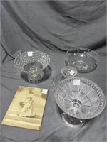 (2) Clear Glass Candy Dishes & Heavy Crystal Bowl