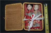 Vintage Chinese Oriental Dolls in Woven Basket
