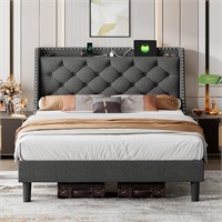 Queen Bed Frame  Wingback  USB  Dark Grey