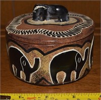 Carved Kenya Soapstone Elephant Motif Lidded Box