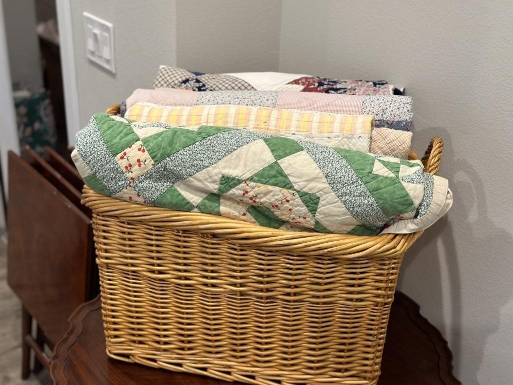 Large Basket with Handmade Quilts
