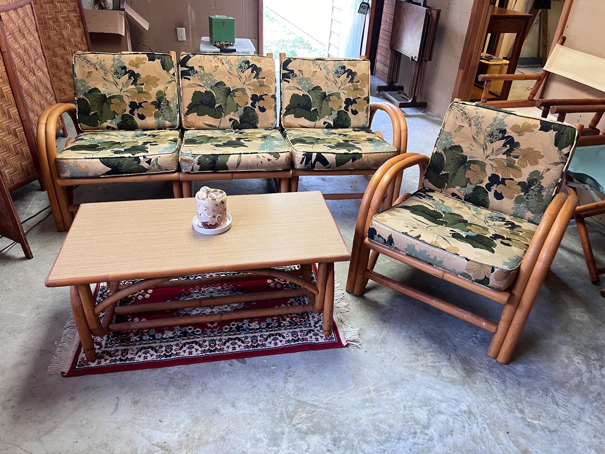 Bamboo style mid century sofa, chair coffee table