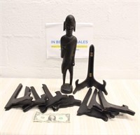 AFRICAN CARVING & (8) PLATE STANDS