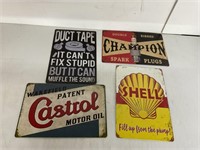 4 METAL SIGNS CHAMPION,CASTROL,SHELL,DUCT TAPE