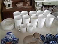 group of milk glass saucers,glasses & cream