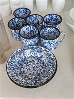 group of modern blue swirl granite cups & bowls